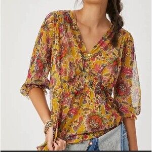Anthropologie Gretchen Smocked V Neck Tunic Top Fall Mustard Floral Boho Peasant
